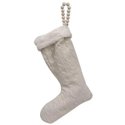 White Stocking With Wooden Bead Hanger