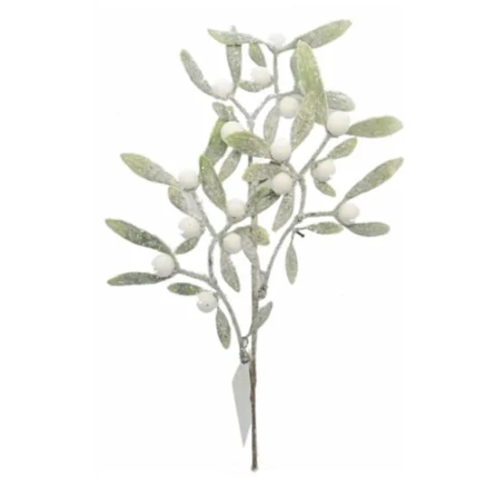 32cm Mistletoe Spray on Short Stem - Christmas Artificial White Green