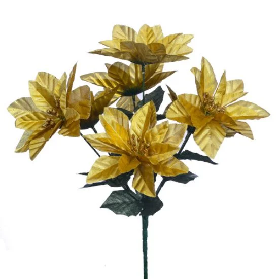 34cm Metallic Gold Poinsettia Bush 7 Heads