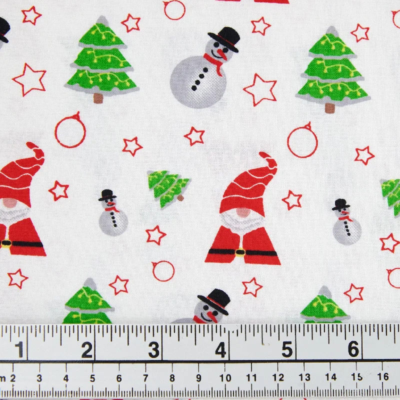 Christmas Cotton Print Fabric, White Santa & Trees- Width 112cm