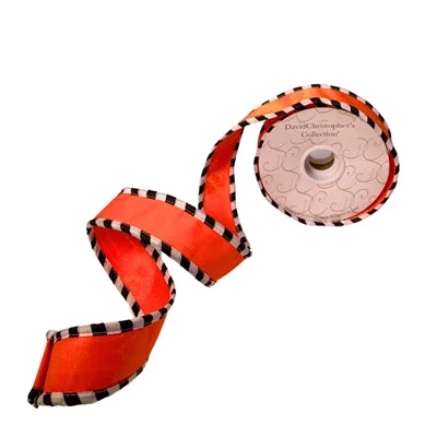 Orange Faux Dupioni Ribbon w/ Black/White Block Edge 1.5”X10YD | IR