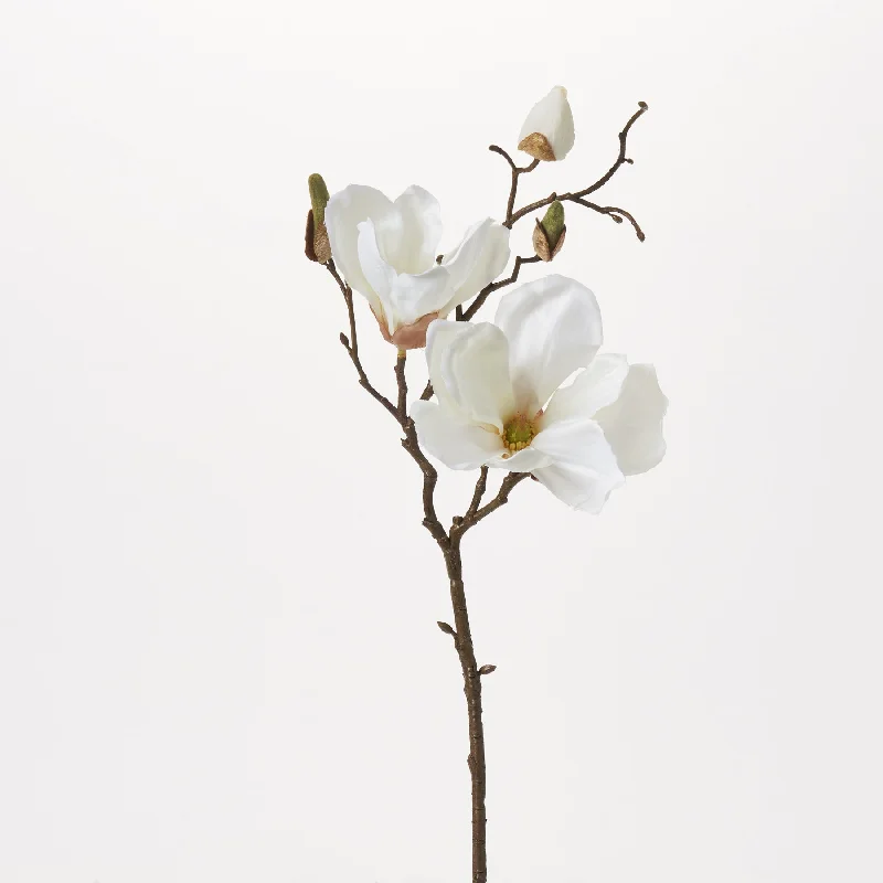 Cream White Magnolia Blossom & Bud Multiple Blooming Branch Stem Spray - 19"