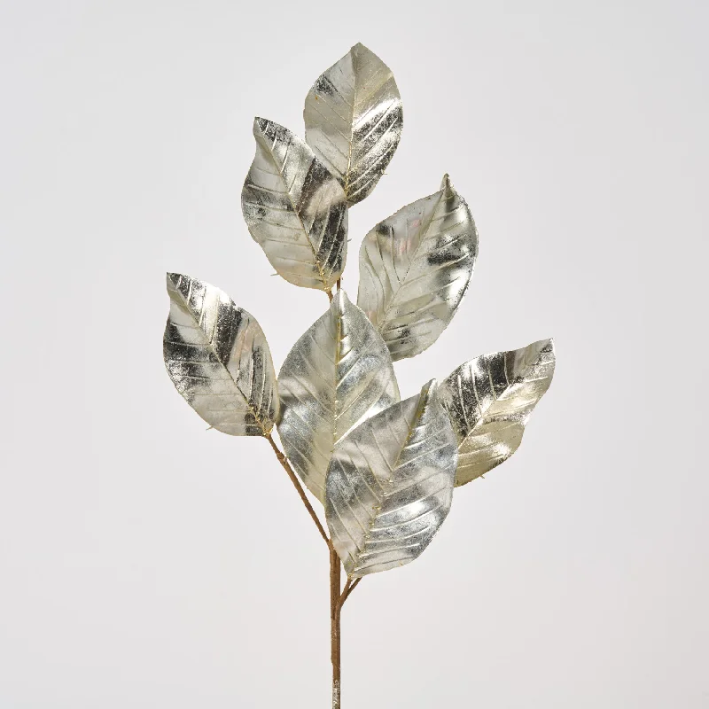 Platinum Silver Metallic Magnolia Leaf Branch Spray