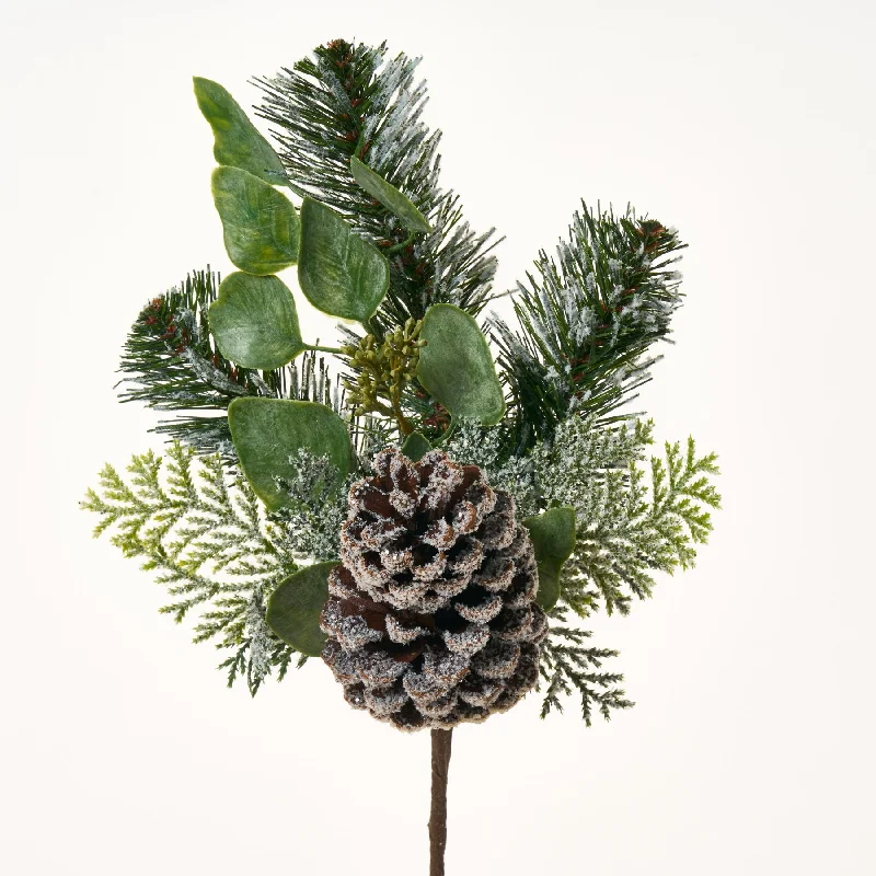 Snow Flocked Silver Dollar Eucalyptus, Pine & Pinecone Winter Spray - 13"