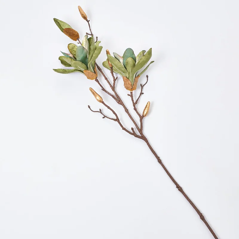 Green Lux Velvet Magnolia Bloom & Gold Dipped Bud Faux Christmas Floral Spray Branch - 27"