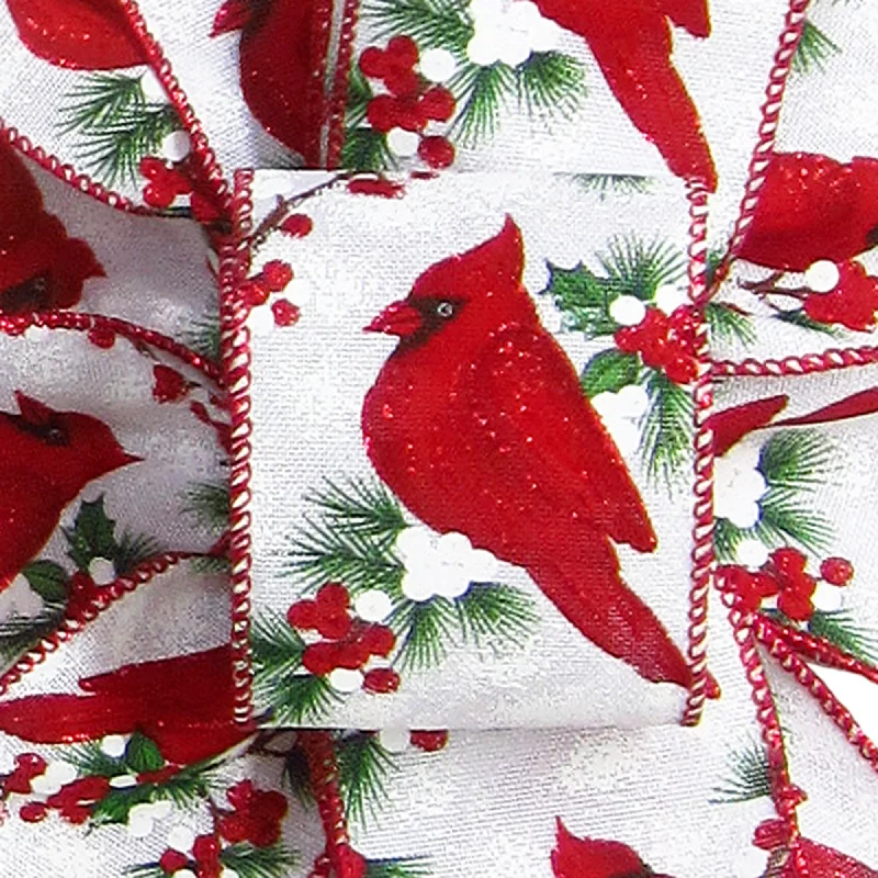 Wired Red & White Berries & Birds Ribbon (#40-2.5"Wx10Yards)